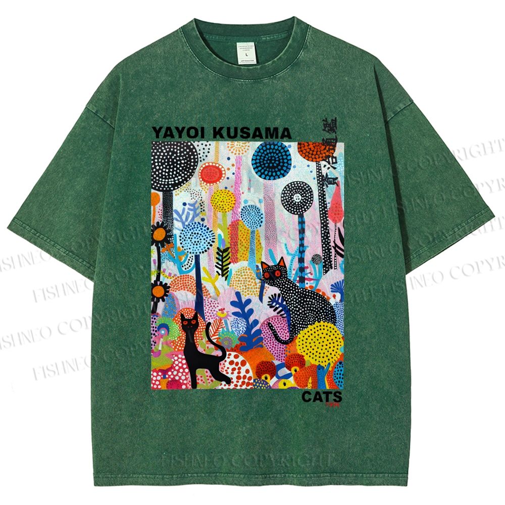 Unisex Yayoi Kusama Cat Printed Washed Tee