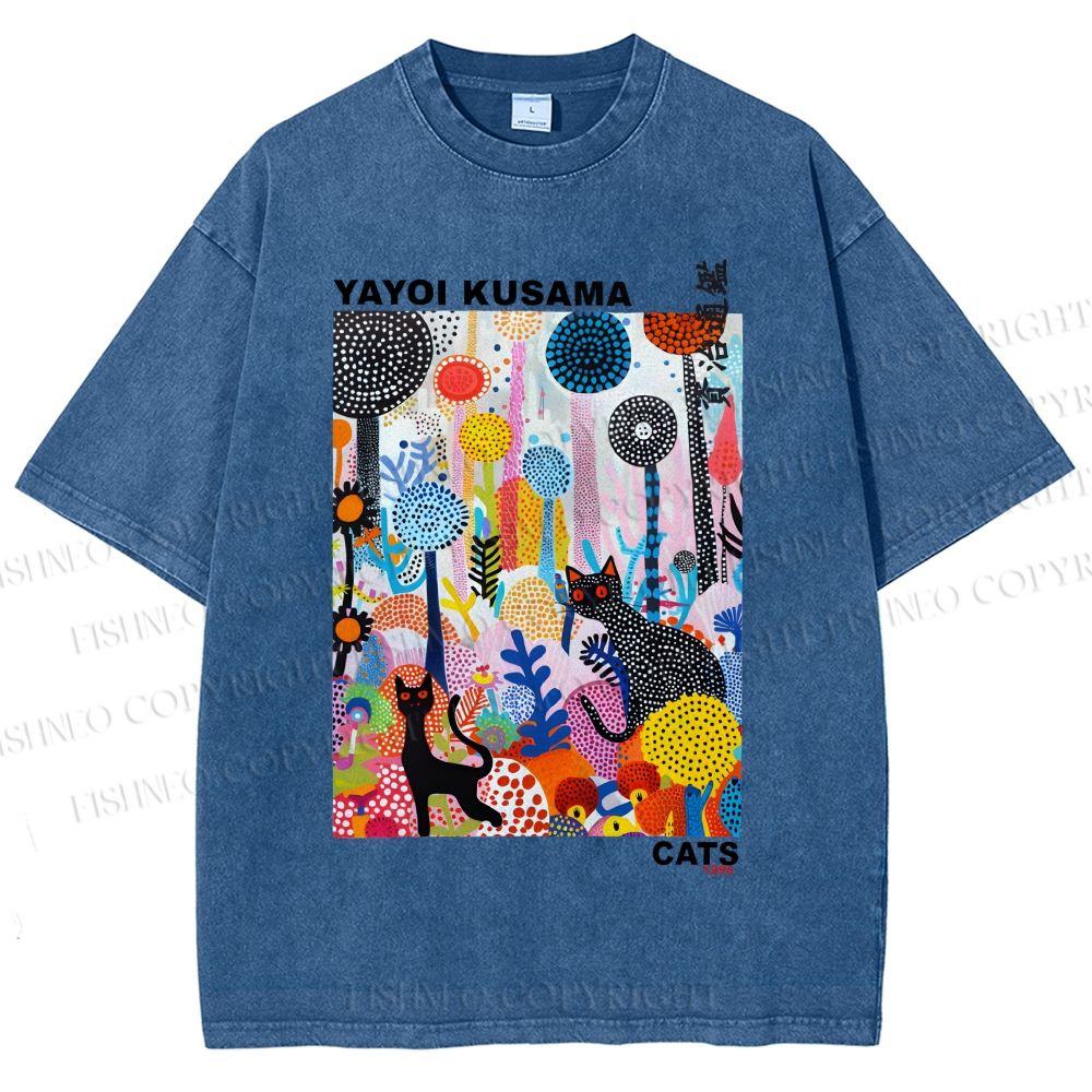 Unisex Yayoi Kusama Cat Printed Washed Tee