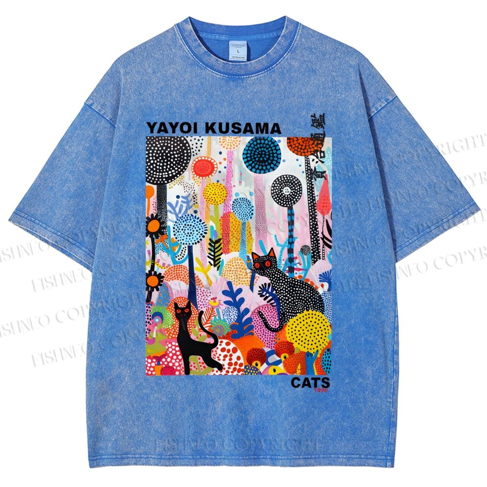 Unisex Yayoi Kusama Cat Printed Washed Tee