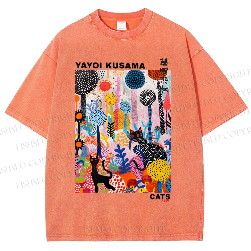Unisex Yayoi Kusama Cat Printed Washed Tee