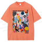 Unisex Yayoi Kusama Cat Printed Washed Tee