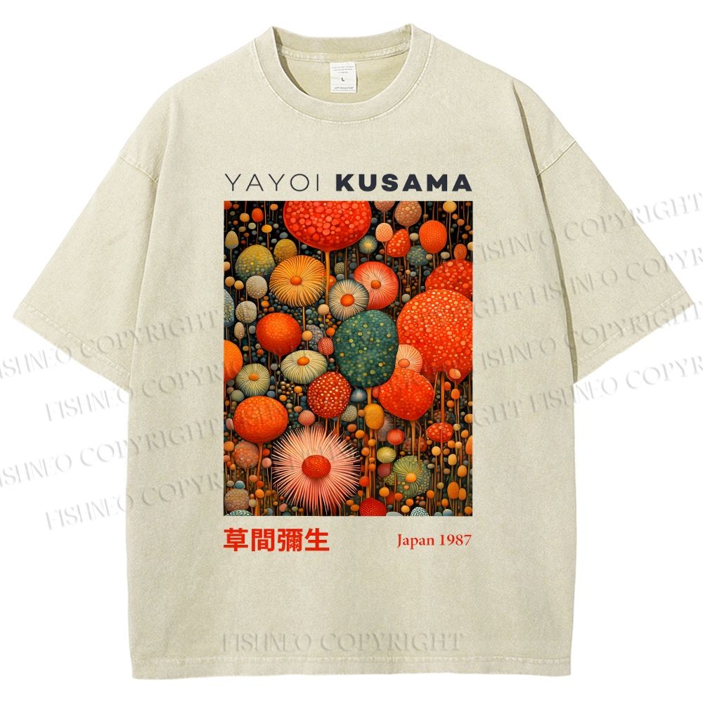 Unisex Yayoi Kusama Mushroom Printed Washed Tee