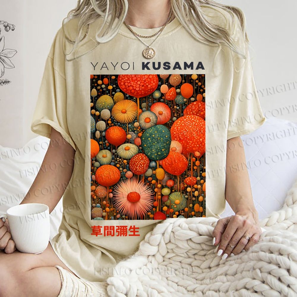 Unisex Yayoi Kusama Mushroom Printed Washed Tee
