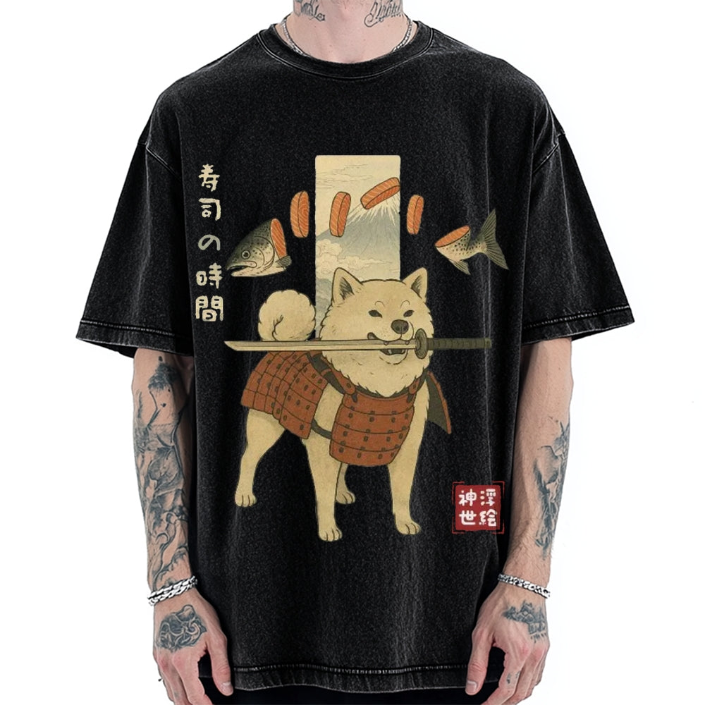 Sushi Salmon Lover Samurai Doge Vintage Washed T-shirt