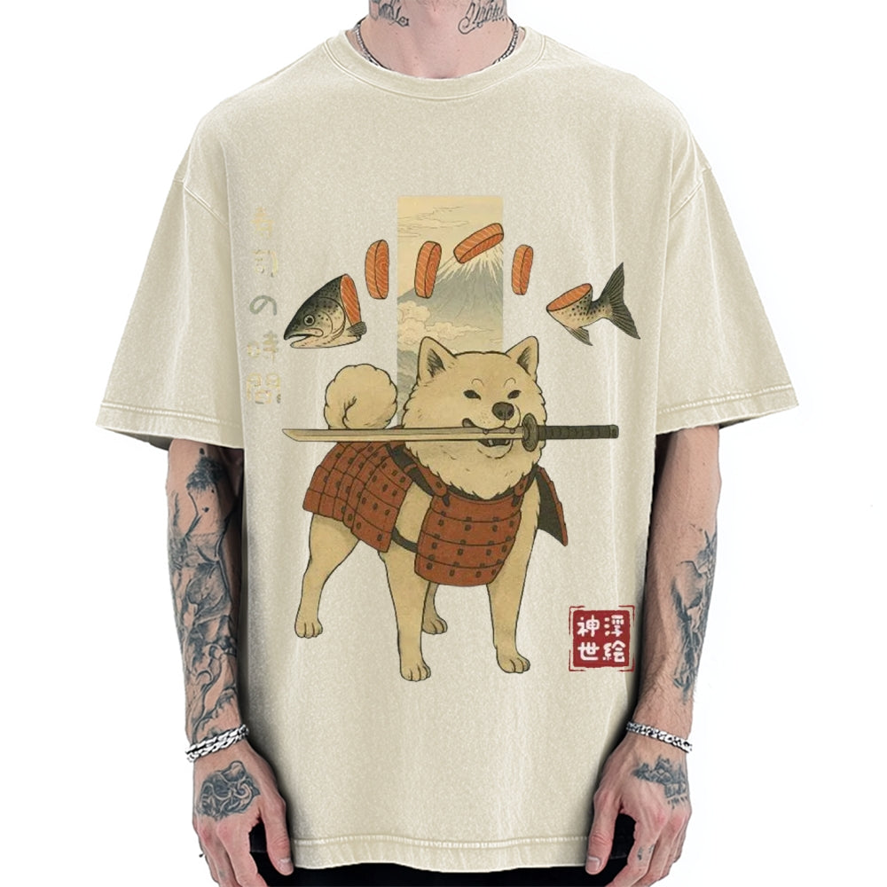 Sushi Salmon Lover Samurai Doge Vintage Washed T-shirt