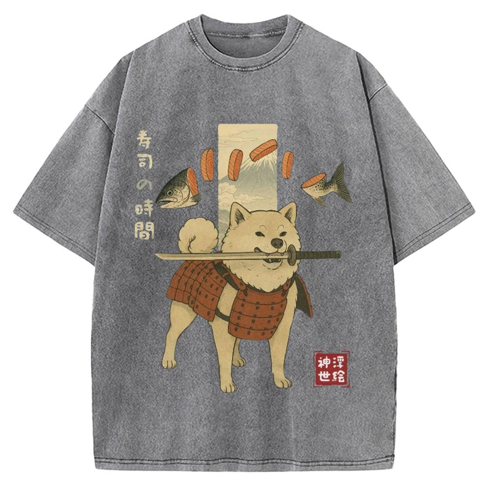 Sushi Salmon Lover Samurai Doge Vintage Washed T-shirt