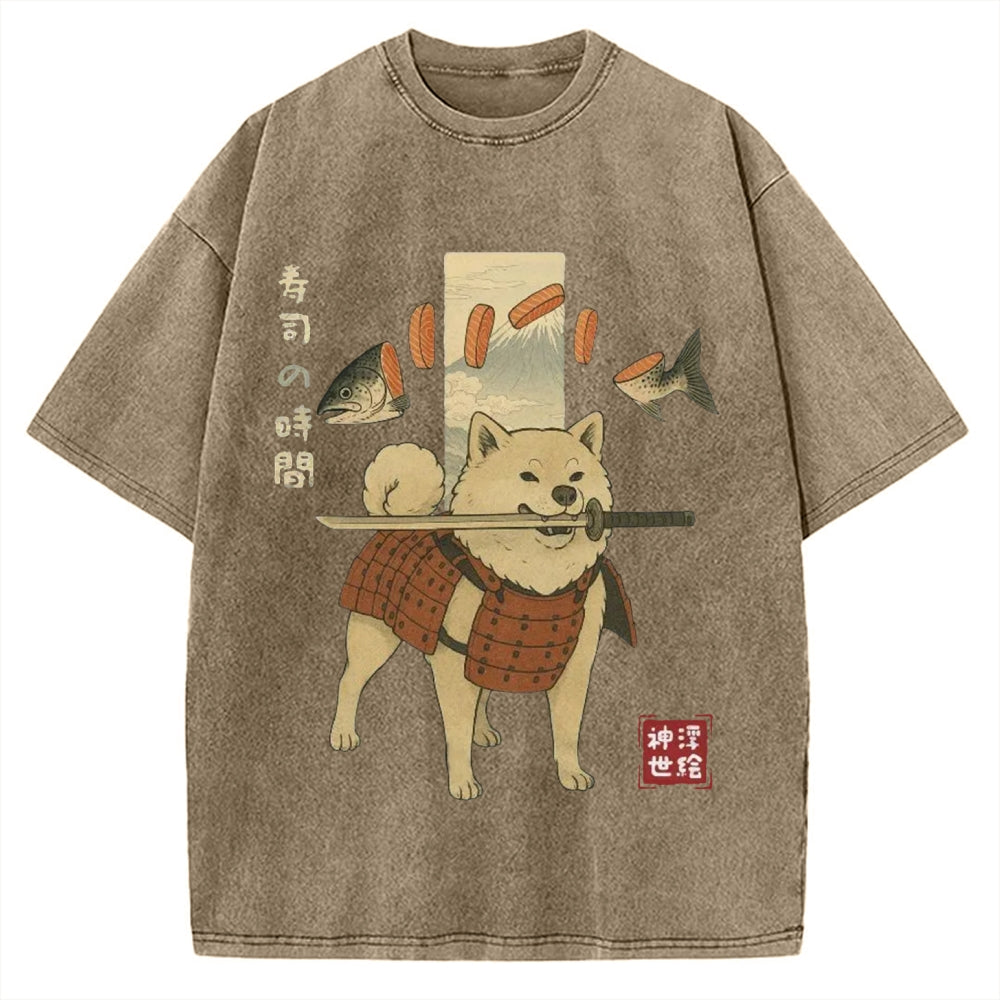 Sushi Salmon Lover Samurai Doge Vintage Washed T-shirt
