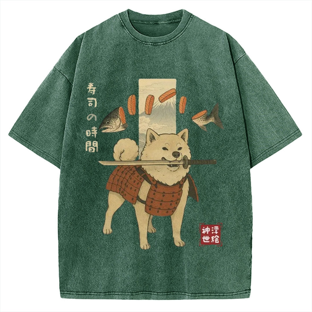 Sushi Salmon Lover Samurai Doge Vintage Washed T-shirt