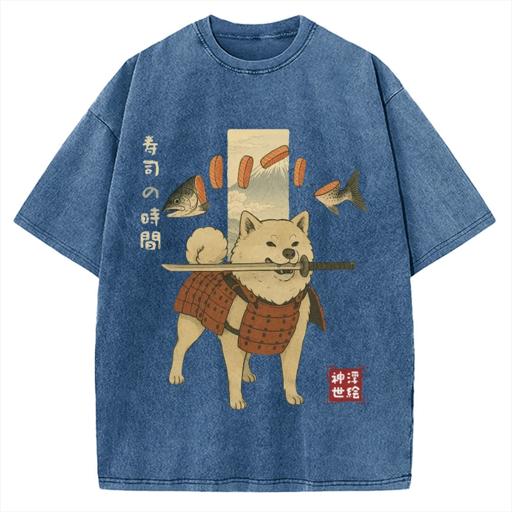 Sushi Salmon Lover Samurai Doge Vintage Washed T-shirt