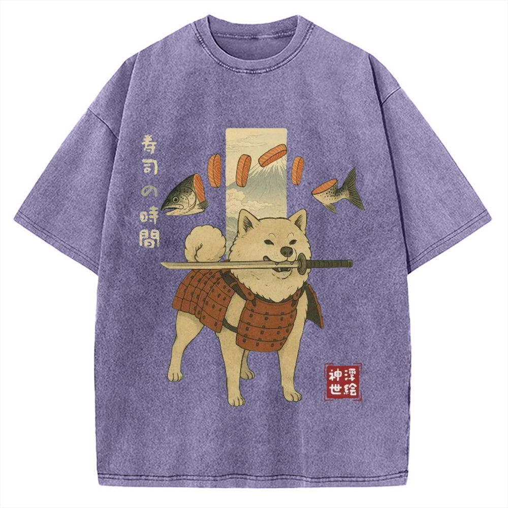 Sushi Salmon Lover Samurai Doge Vintage Washed T-shirt