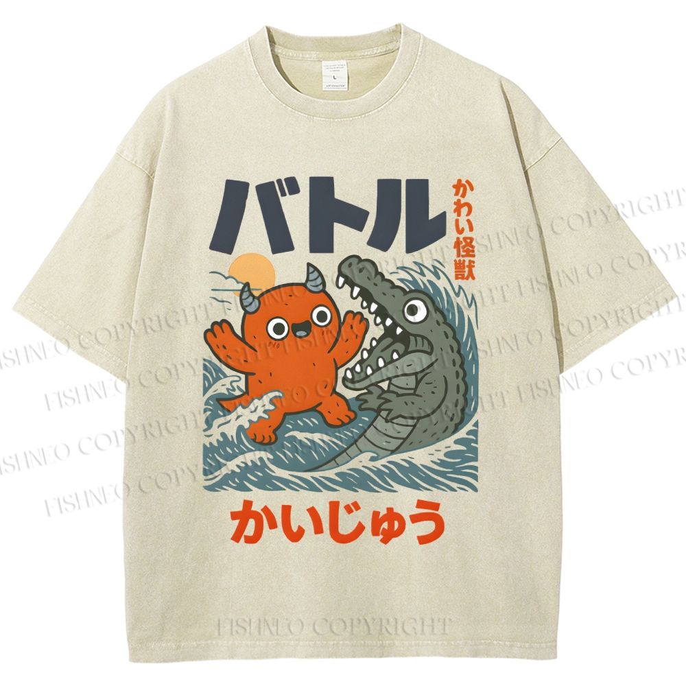 Unisex Monster Wave Printed Washed Tee