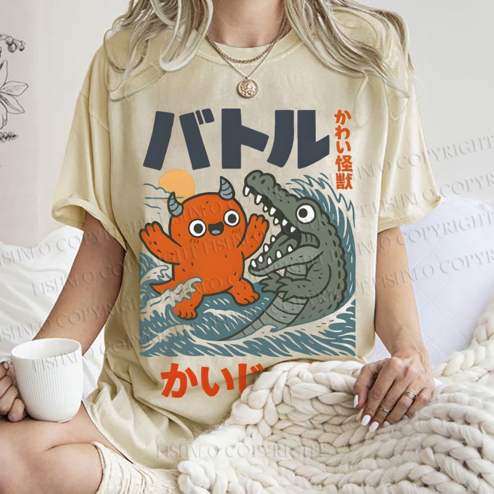 Unisex Monster Wave Printed Washed Tee