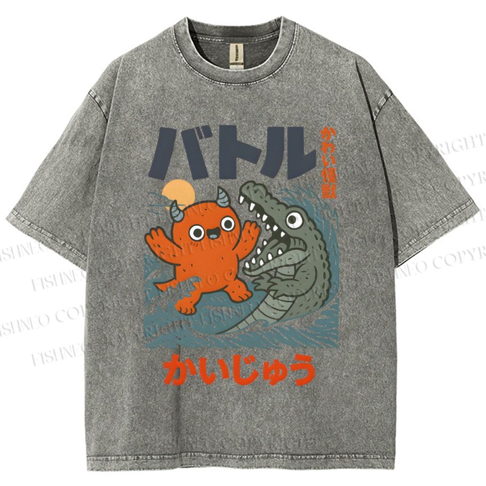 Unisex Monster Wave Printed Washed Tee