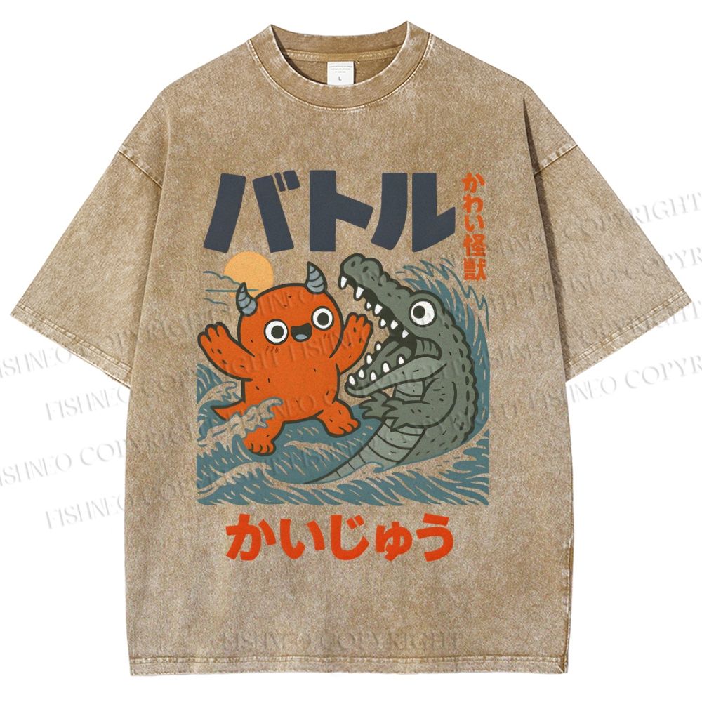 Unisex Monster Wave Printed Washed Tee