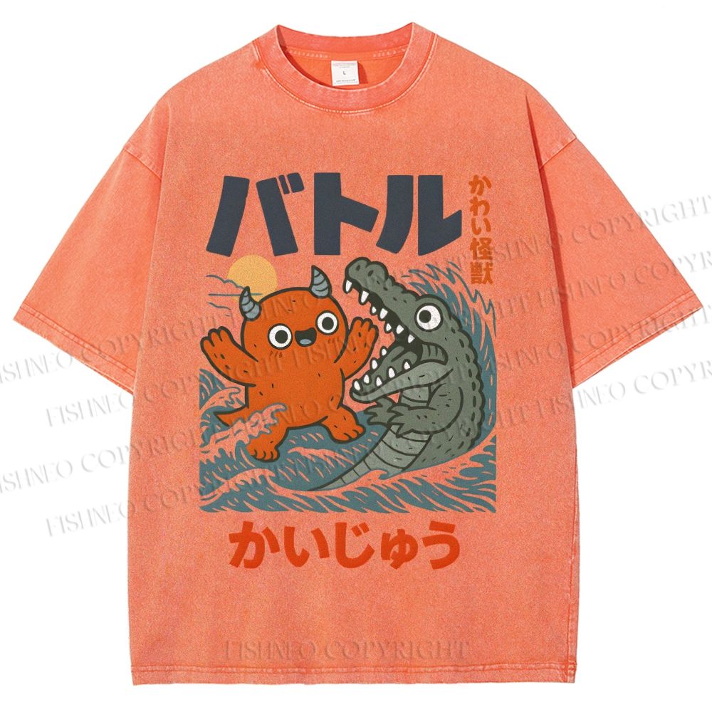 Unisex Monster Wave Printed Washed Tee