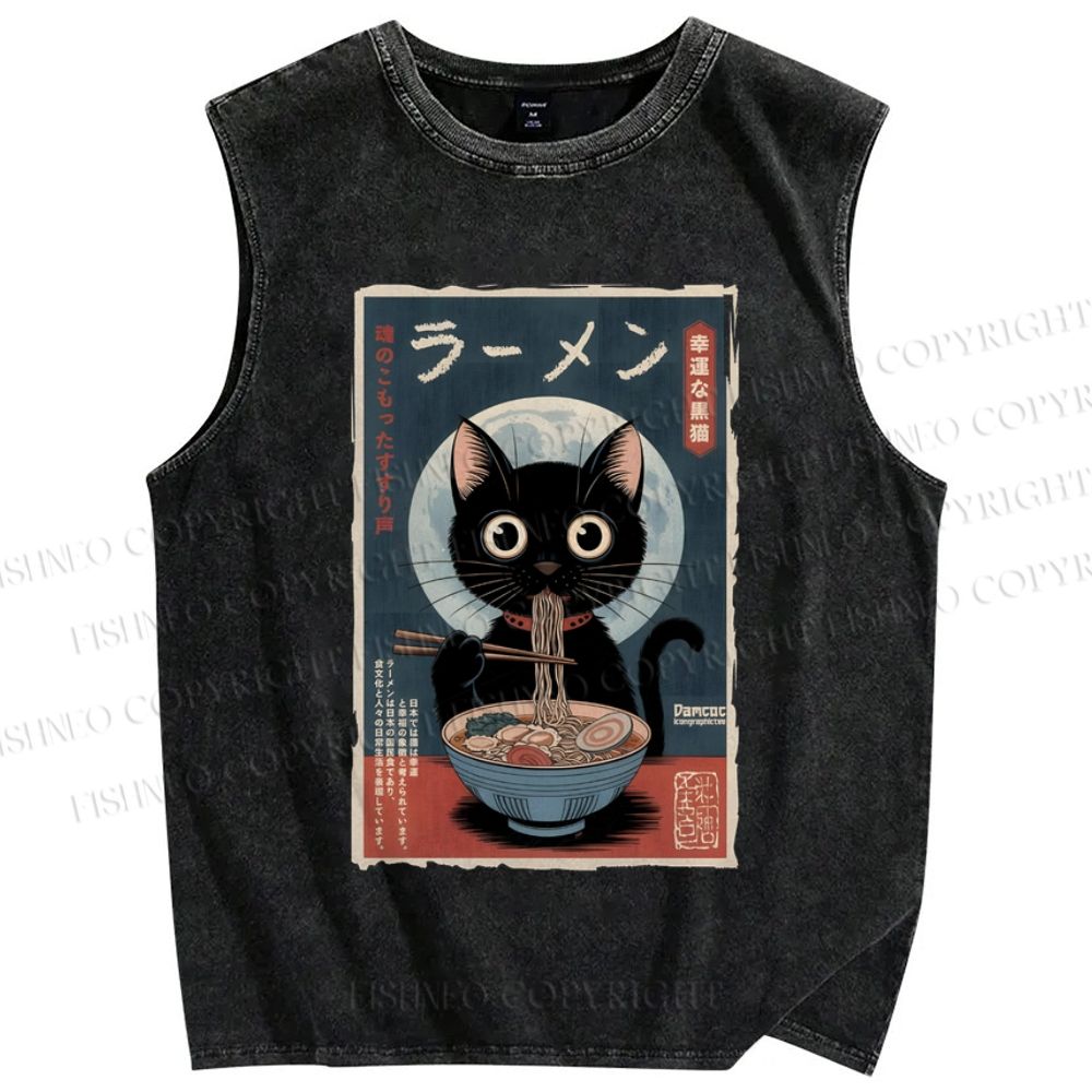 Unisex Ramen Cat Printed Washed Tank Top