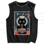 Unisex Ramen Cat Printed Washed Tank Top