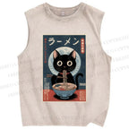 Unisex Ramen Cat Printed Washed Tank Top