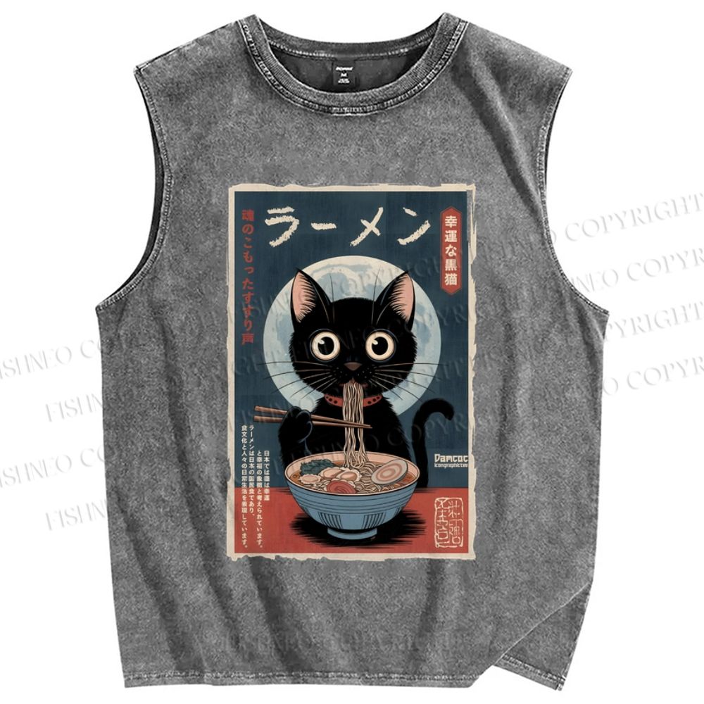 Unisex Ramen Cat Printed Washed Tank Top