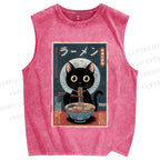 Unisex Ramen Cat Printed Washed Tank Top