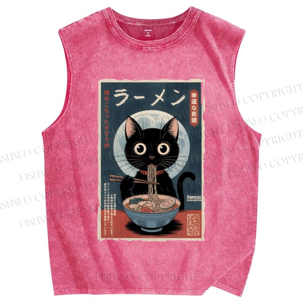 Unisex Ramen Cat Printed Washed Tank Top