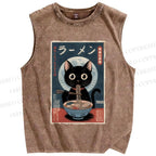Unisex Ramen Cat Printed Washed Tank Top