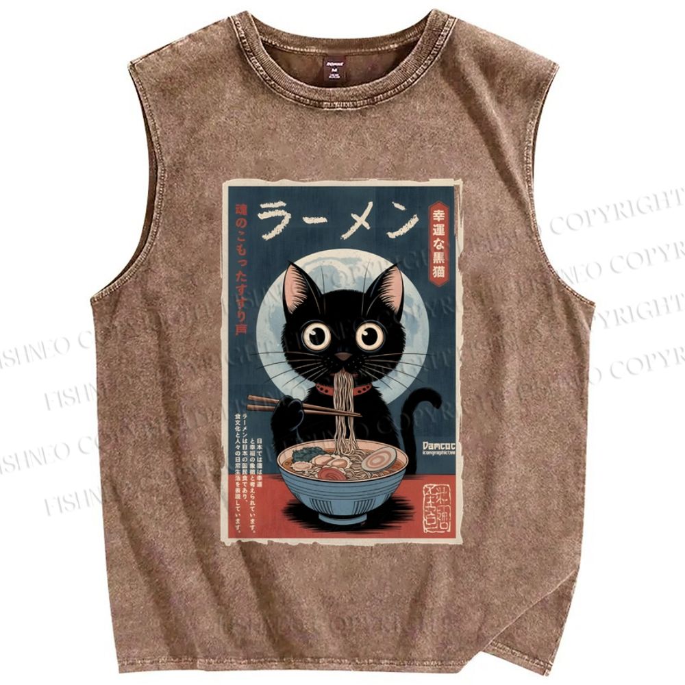 Unisex Ramen Cat Printed Washed Tank Top