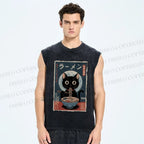 Unisex Ramen Cat Printed Washed Tank Top