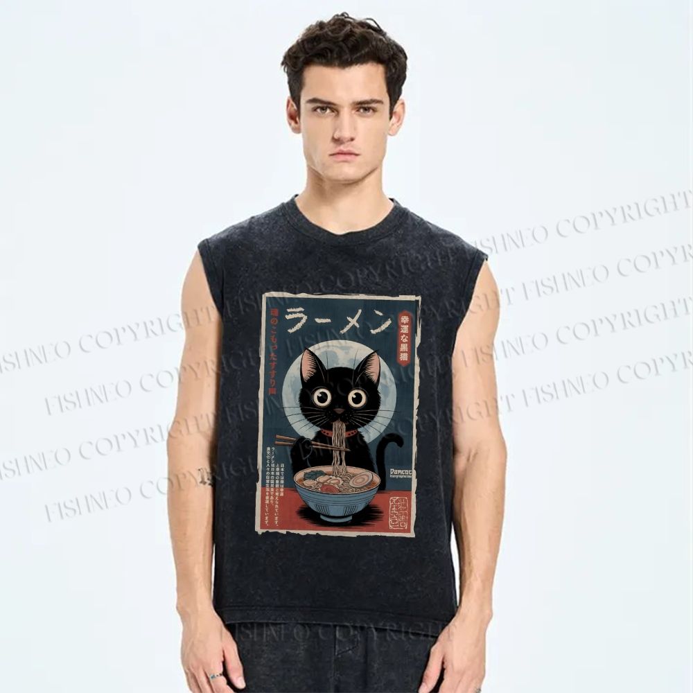 Unisex Ramen Cat Printed Washed Tank Top