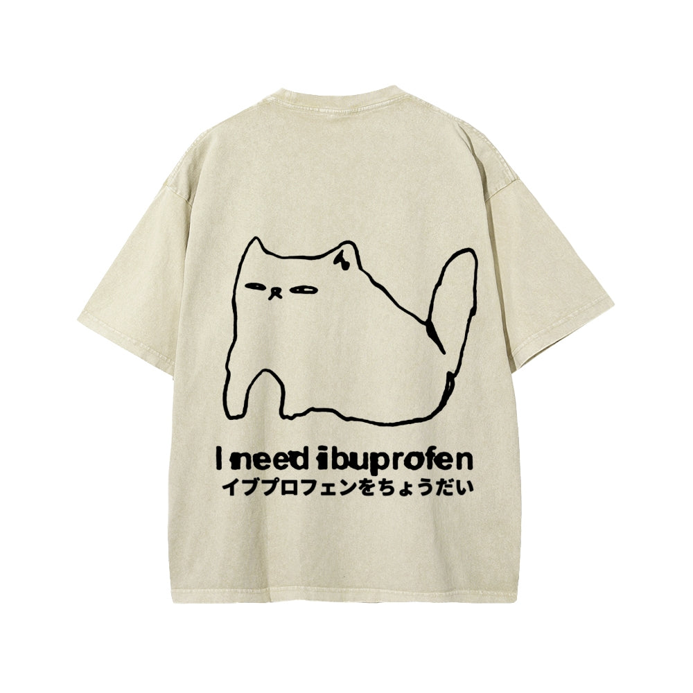 Unisex I need ibuprofen Cat Vintage Distressed Front And Back Printed Washed Tee
