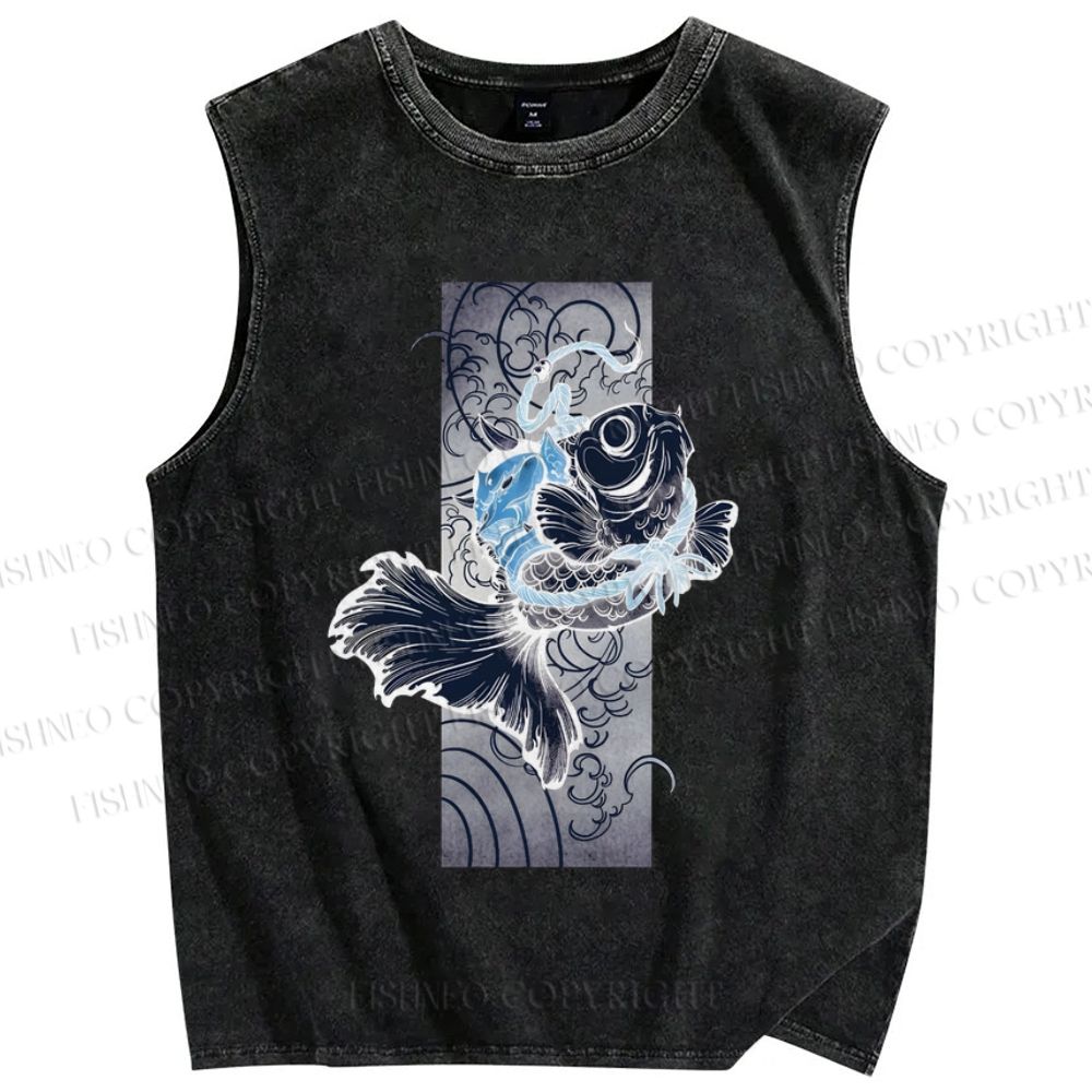 Unisex Vintage Wave Fish Printed Washed Tank Top