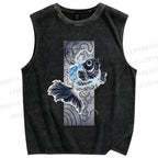 Unisex Vintage Wave Fish Printed Washed Tank Top