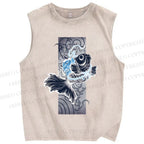 Unisex Vintage Wave Fish Printed Washed Tank Top