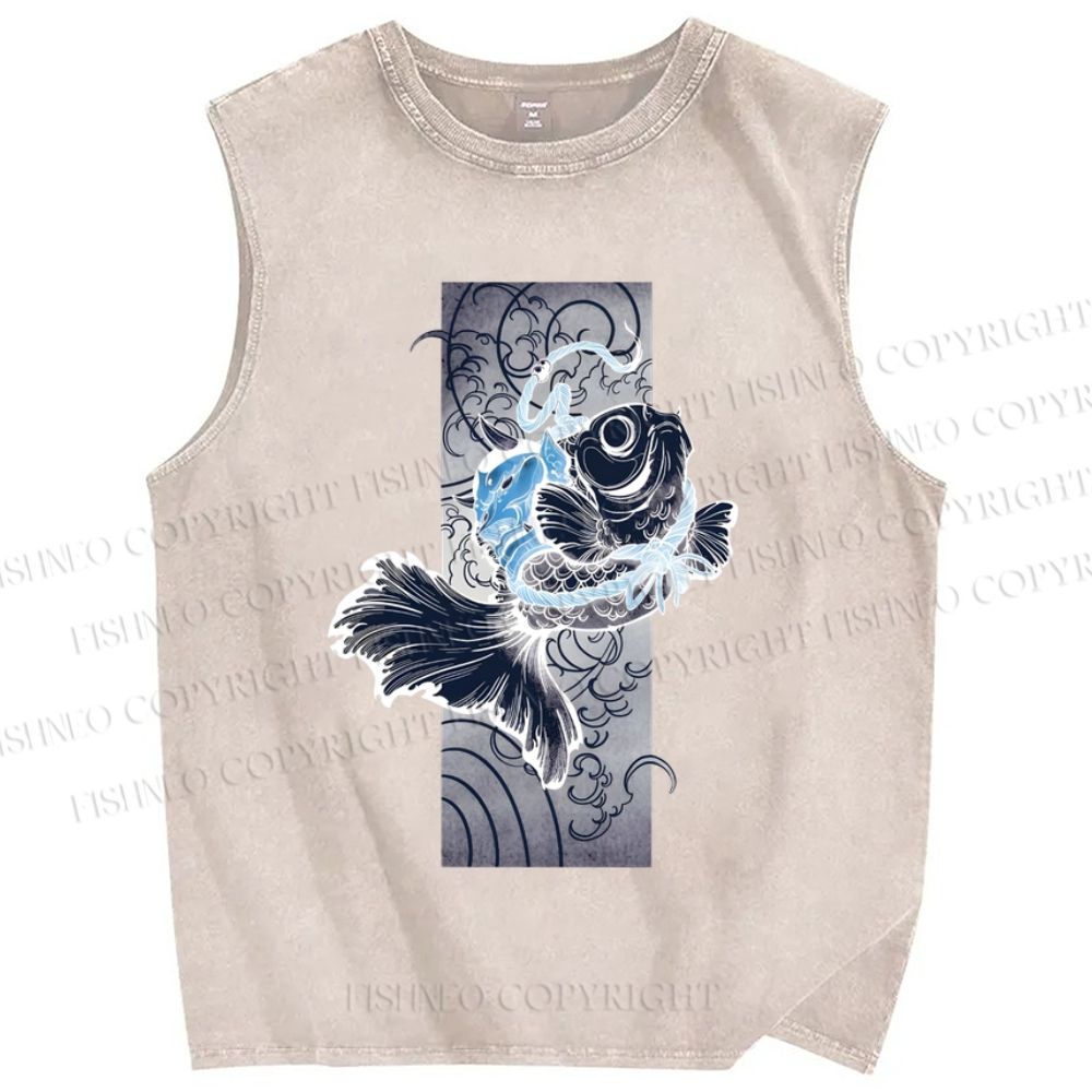 Unisex Vintage Wave Fish Printed Washed Tank Top