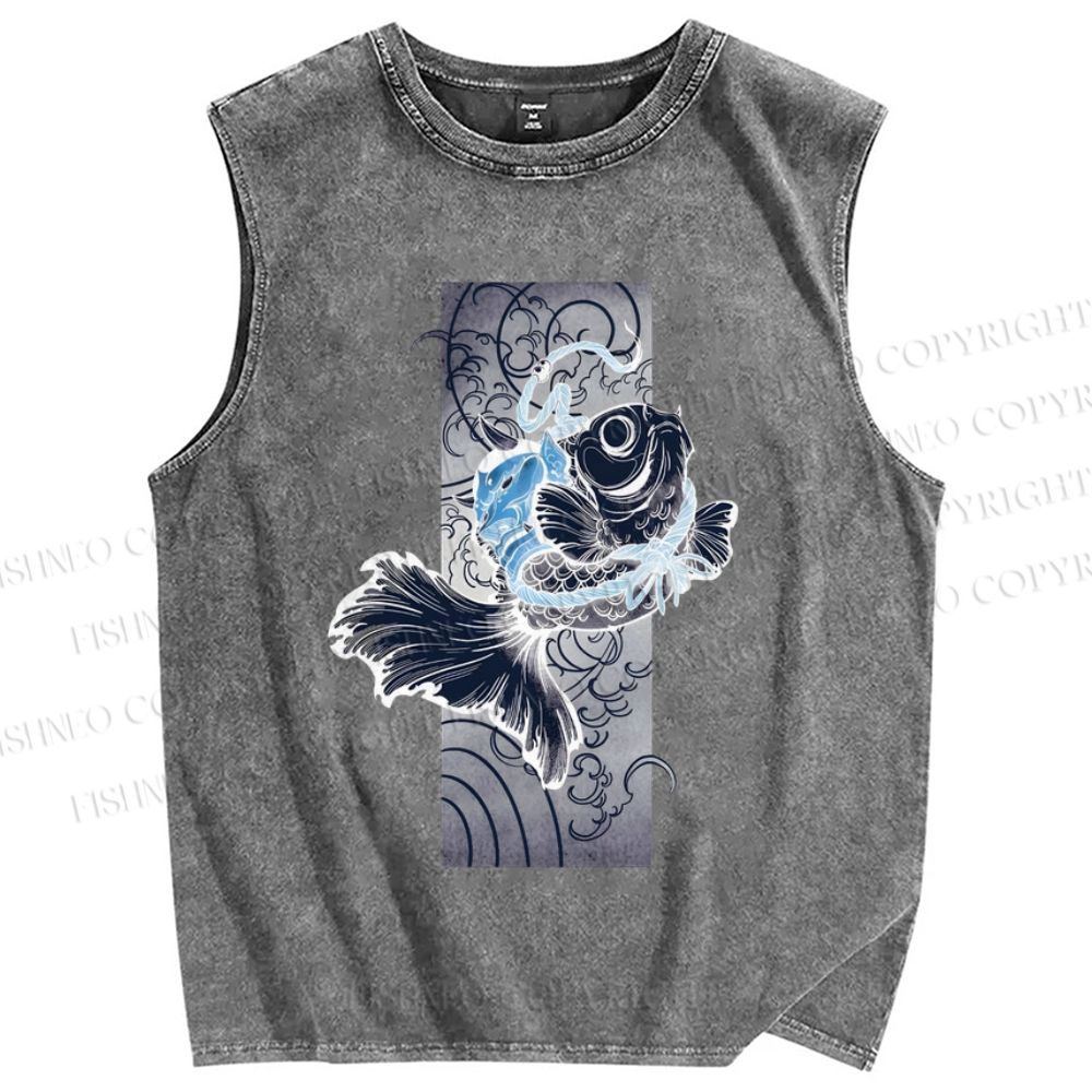 Unisex Vintage Wave Fish Printed Washed Tank Top