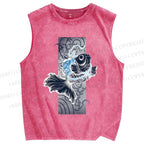Unisex Vintage Wave Fish Printed Washed Tank Top