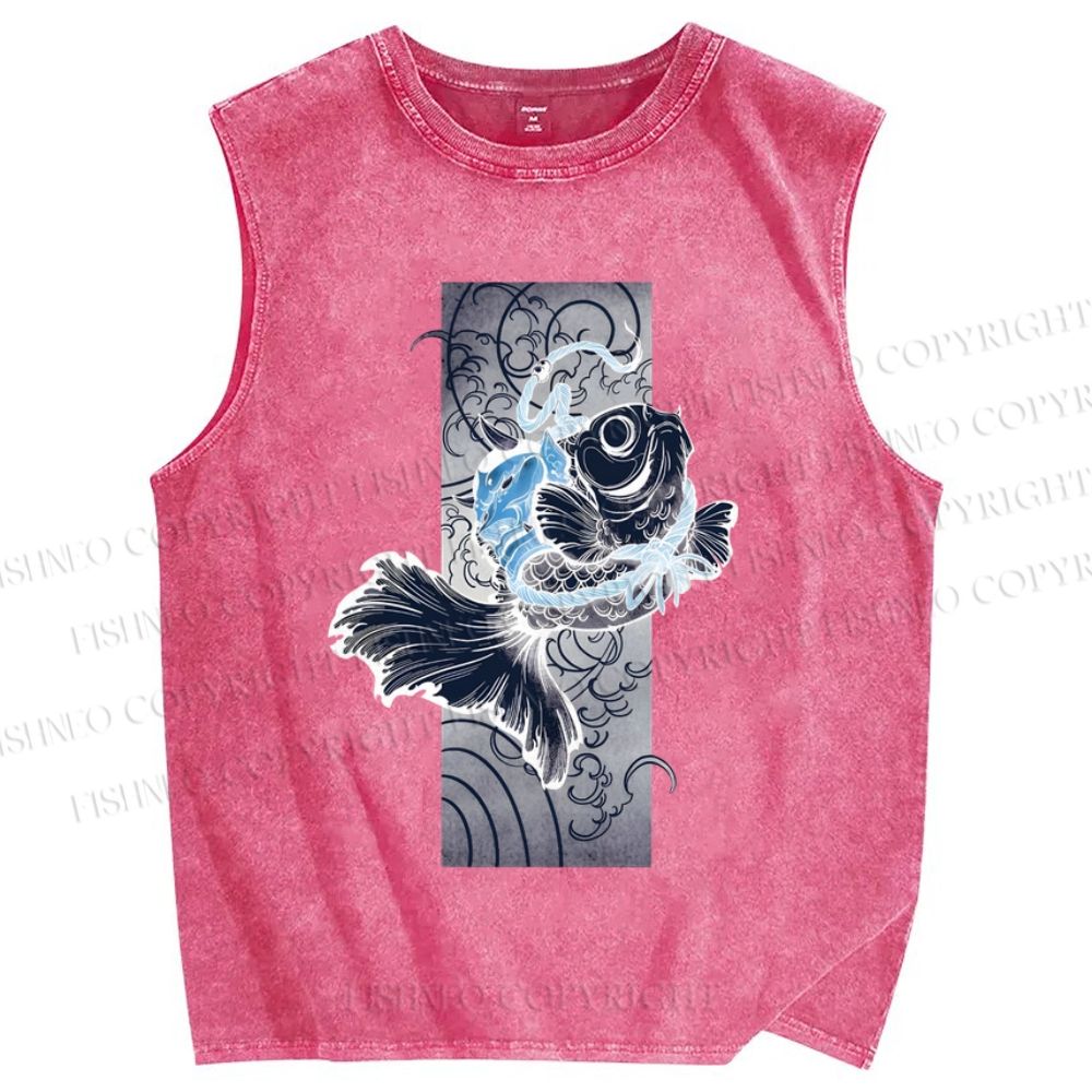 Unisex Vintage Wave Fish Printed Washed Tank Top