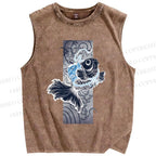 Unisex Vintage Wave Fish Printed Washed Tank Top