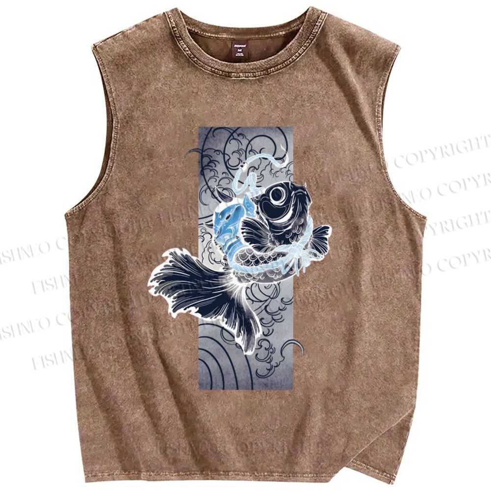 Unisex Vintage Wave Fish Printed Washed Tank Top