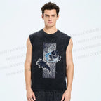 Unisex Vintage Wave Fish Printed Washed Tank Top