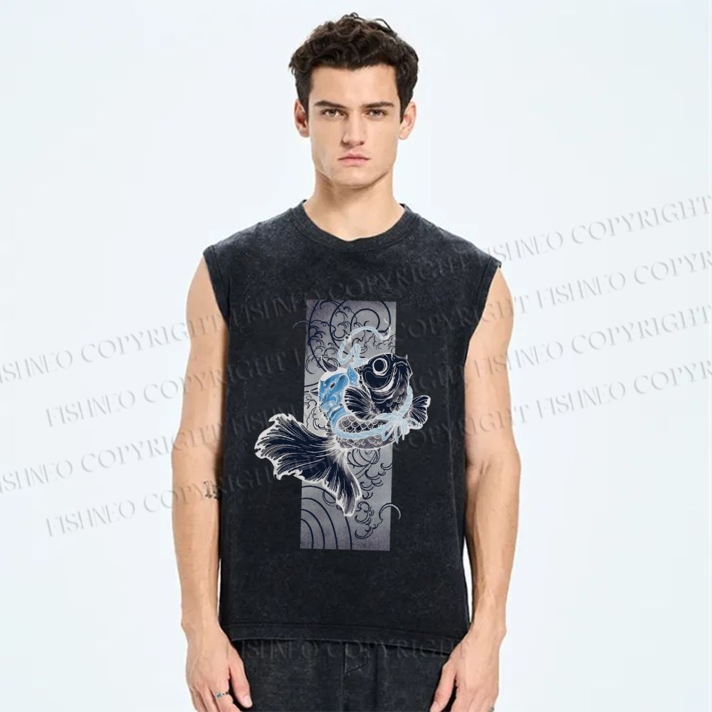 Unisex Vintage Wave Fish Printed Washed Tank Top