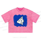 Wave Fish Printed Washed Cropped T-Shirt