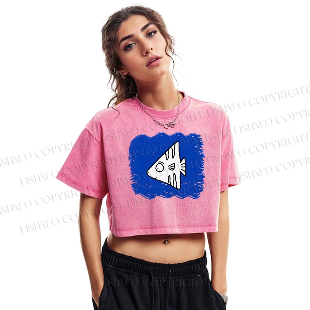 Wave Fish Printed Washed Cropped T-Shirt