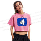 Wave Fish Printed Washed Cropped T-Shirt