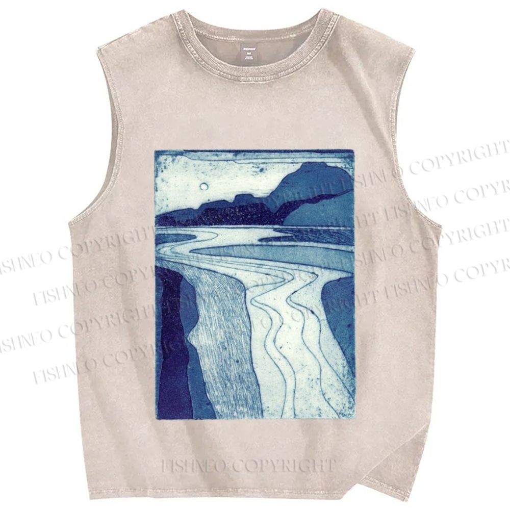 Unisex Retro Mountains And Rivers Printed Washed Tank Top