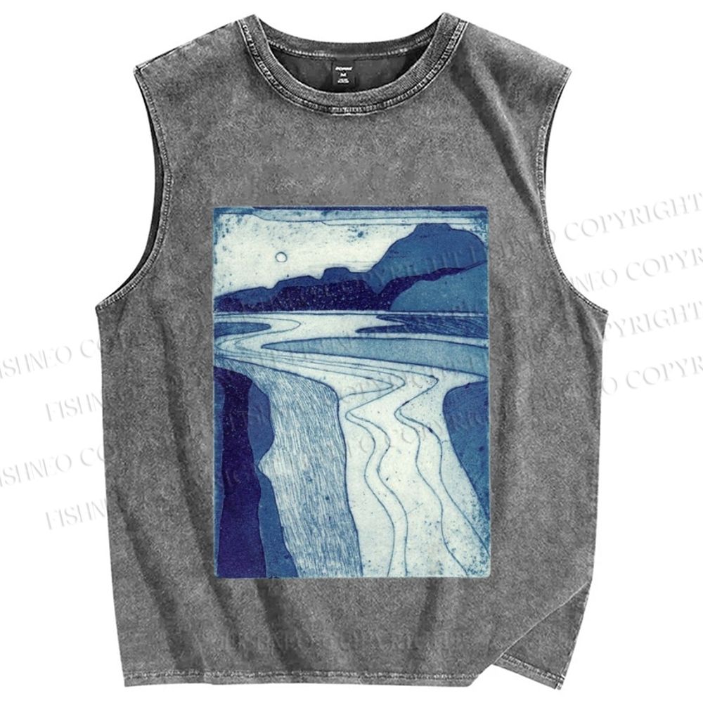 Unisex Retro Mountains And Rivers Printed Washed Tank Top