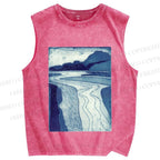 Unisex Retro Mountains And Rivers Printed Washed Tank Top