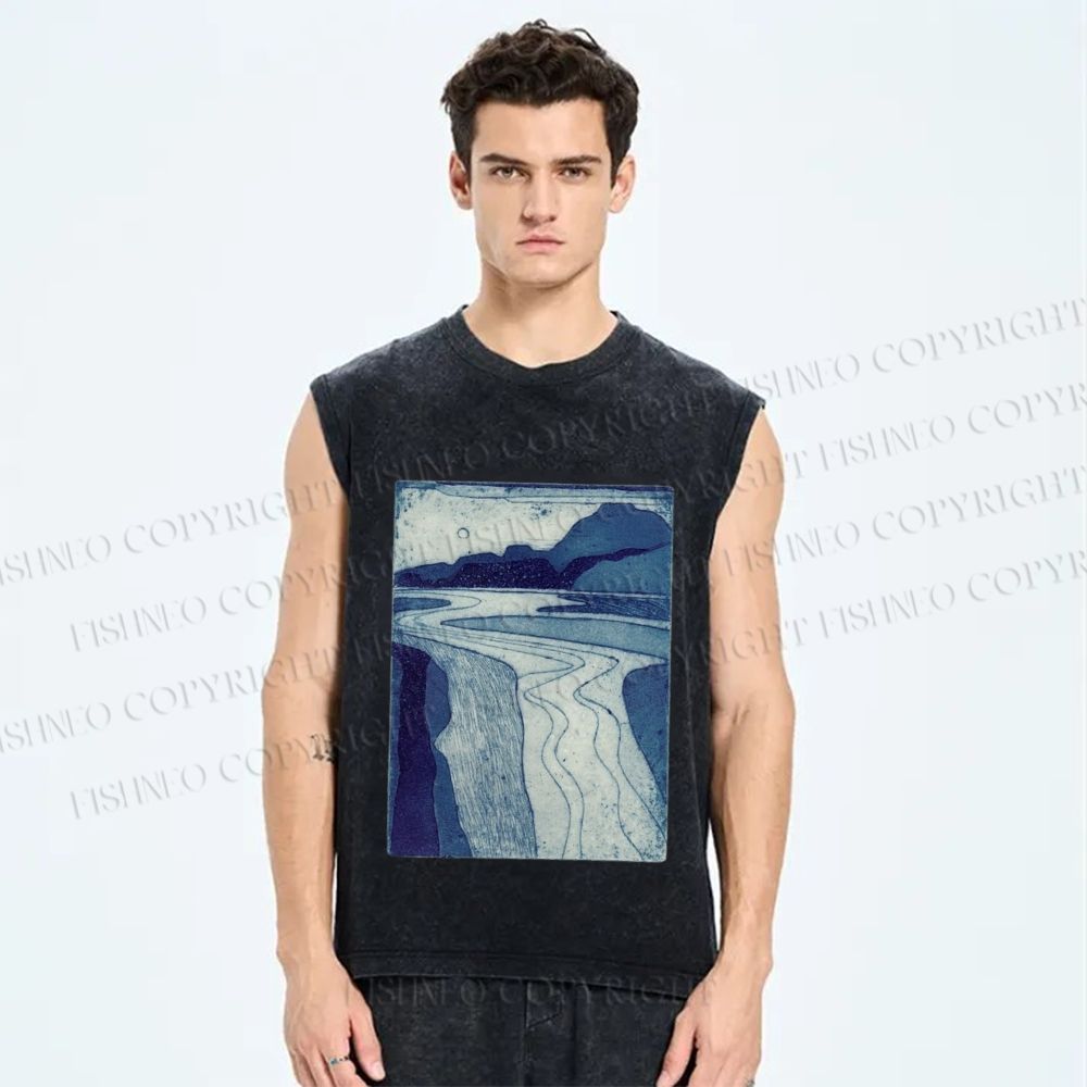 Unisex Retro Mountains And Rivers Printed Washed Tank Top