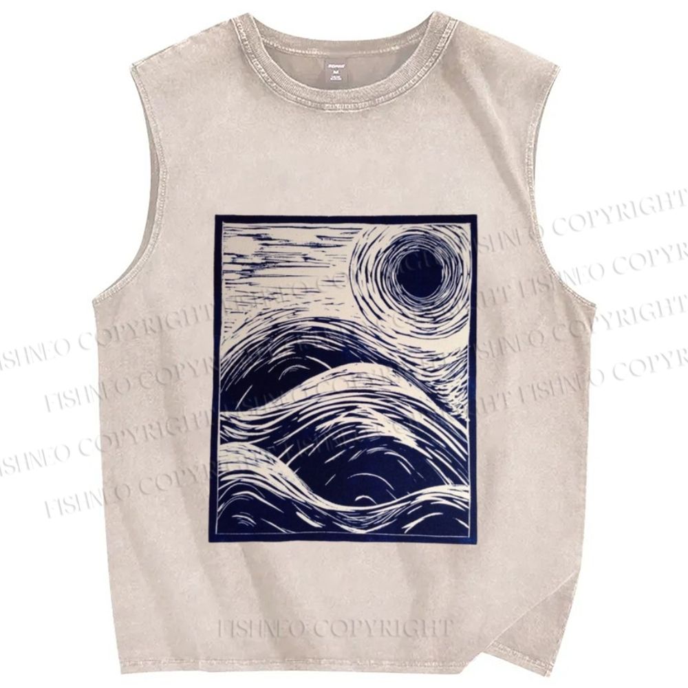 Unisex Japanese Wave Printed Washed Tank Top