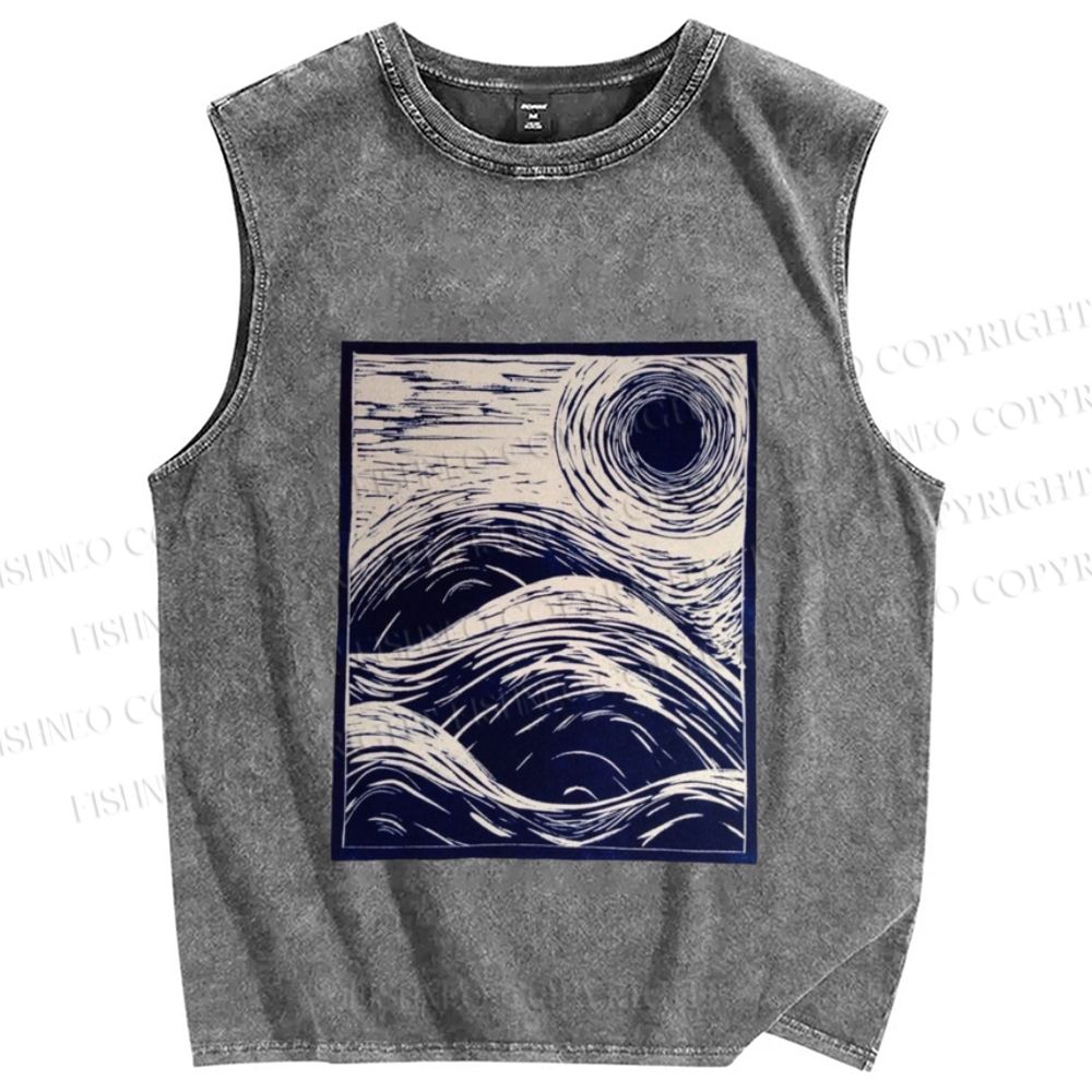 Unisex Japanese Wave Printed Washed Tank Top